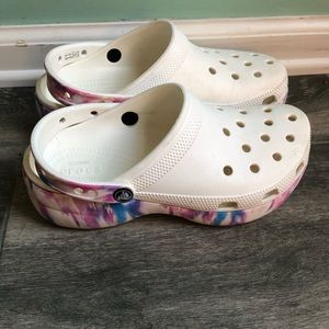 White and Tie-Dye Platform Crocs